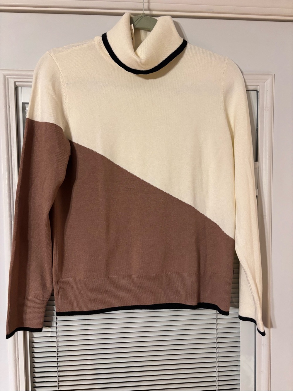 Talbots Cream and Brown Diagonal Colorblock Turtleneck Sweater